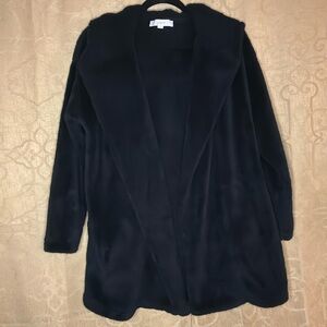 LOFT Women's Black Sherpa Hood Open‎ Coat Pockets Size Medium